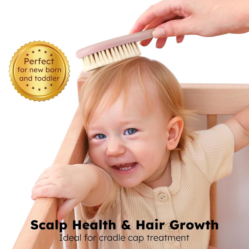 YOOFOSS 4 Piece Baby Hair Brush and Comb Set，Wooden Baby Hair Brush with Natural Ultra Soft Goat Hair, Baby Comb Set for Boy, Girl - Pink - Image 3